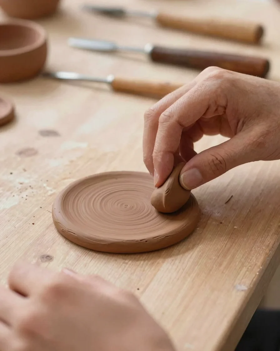 Artisan hands conditioning and shaping terracotta polymer clay on a wooden studio workbench with clay sculpting tools