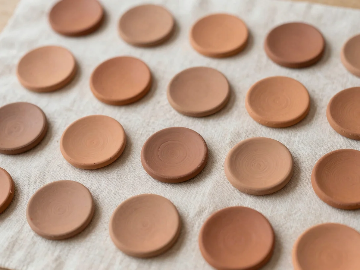 Overhead flat-lay photograph of polymer clay color swatches and sculpting tools on a soft linen surface illuminated by g
