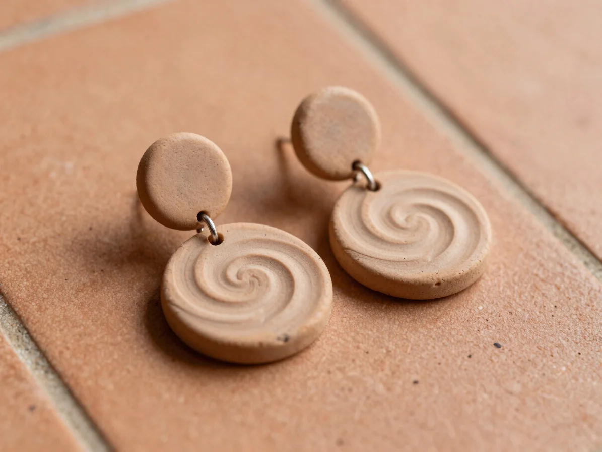 Macro studio photography showing textured polymer clay earrings with subtle stone swirls resting on a warm clay tile