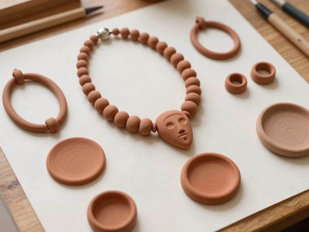 Warm editorial photograph of polymer clay necklace components arranged thoughtfully beside hand-written custom design no